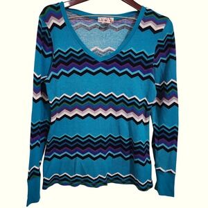 Op Chevron Waffle Knit Top Womens XL Blue Purple Long Sleeve V-Neck Thermal Soft